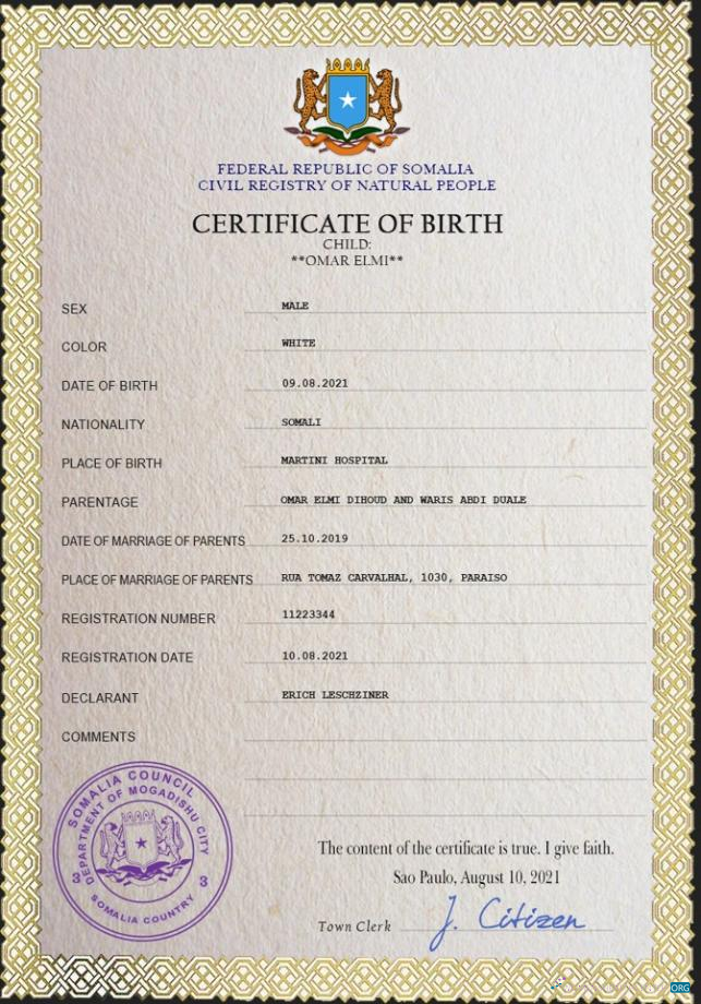 Download Somalia vital record birth certificate PSD template Photoshop template